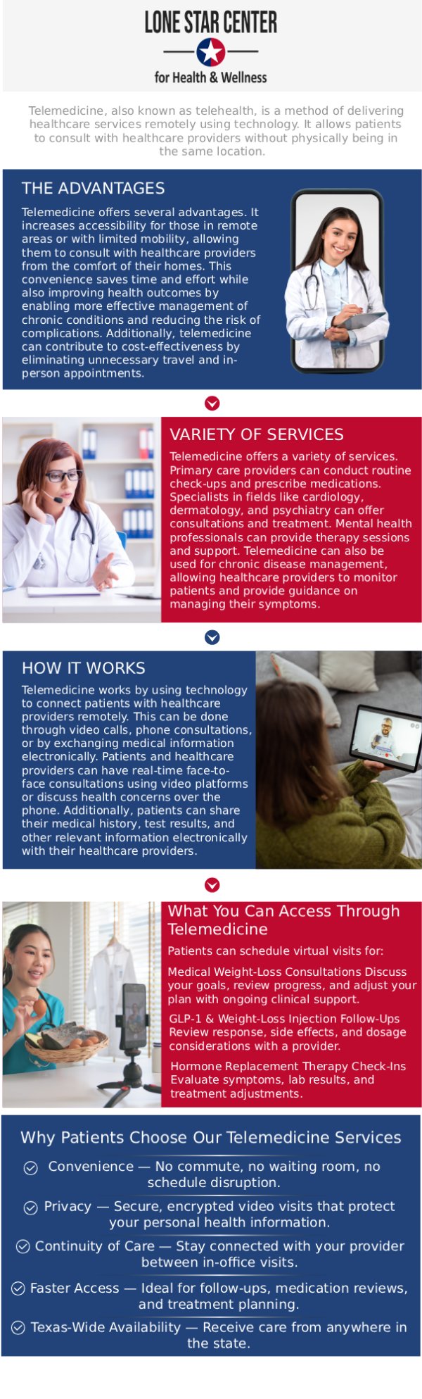 Common questions asked by clients: What are telemedicine services, and how do they work? What types of conditions can be treated through telemedicine? How secure is telemedicine? How do I schedule a telemedicine appointment at Lone Star Center for Health and Wellness in San Antonio, TX? For more information, contact us or request an appointment online. We are conveniently located at 8233 Fredericksburg Rd, San Antonio, TX 78229.